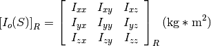 \left[I_o(S)\right]_R = \left[\begin{array}{ccc}
I_{xx} & I_{xy} & I_{xz} \\
I_{yx} & I_{yy} & I_{yz} \\
I_{zx} & I_{zy} & I_{zz}
\end{array}\right]_R (\text{kg}*\text{m}^2)